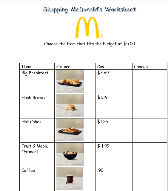 McDonald s Math Worksheet Special Needs Resource And Training Blog